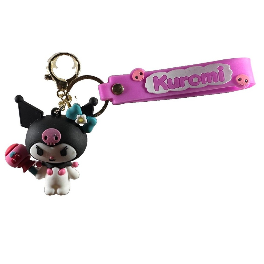 Sanrio Kuromi pink keychain 3D holding cherry topped lollipop with wrist strap